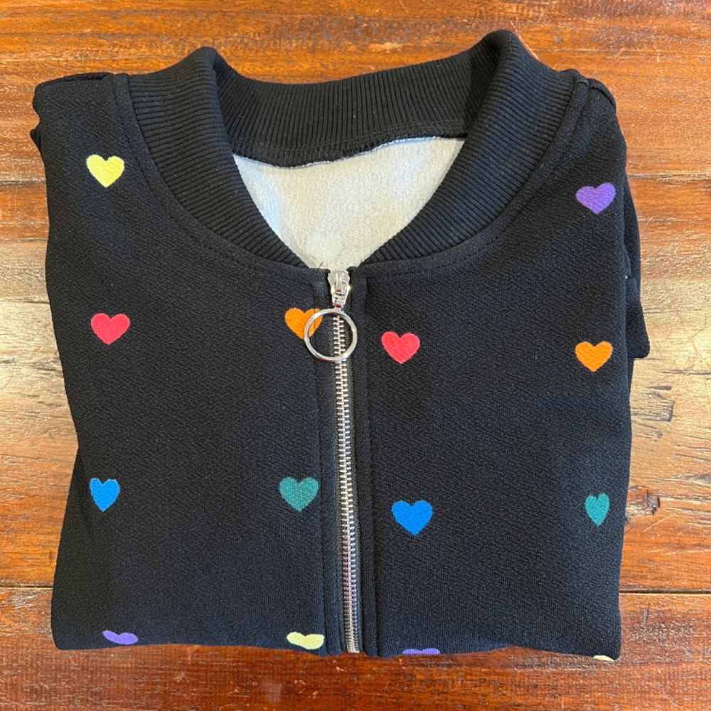 Black Full Zip Up Colorful Multicolor Heart Print Bomber Jacket M - Picture 3 of 6